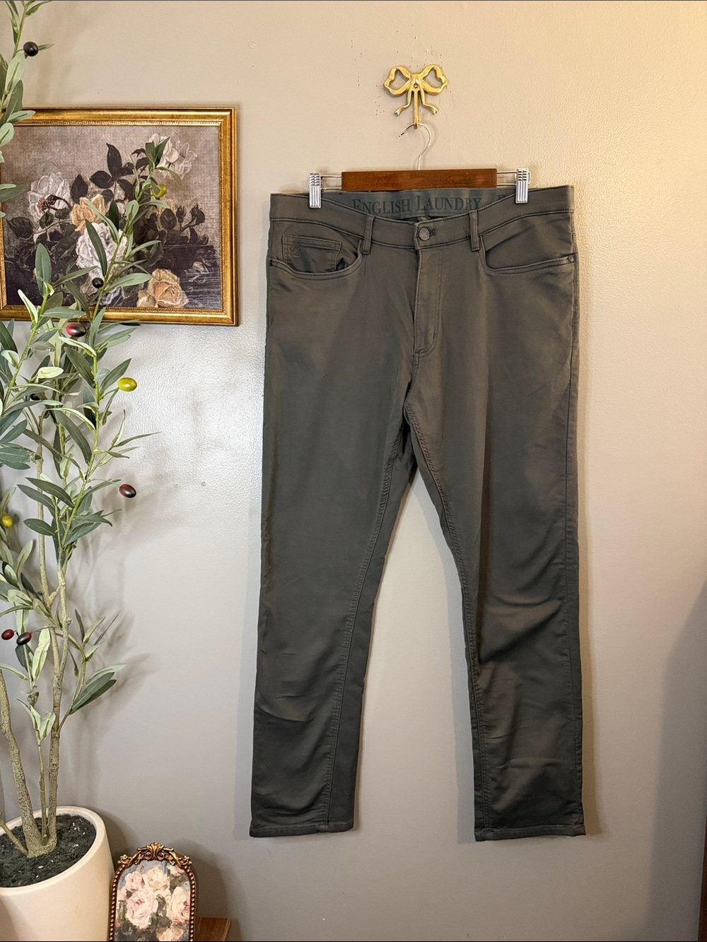 English Laundry Men’s 36x32 Olive Green Stretch Straight Leg 5 Pocket Pants - Picture 2 of 7
